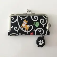 がま口印鑑ケース朱肉付き♡柴犬　唐草模様　肉球　黒