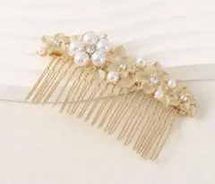 ゴールド 花とパールのヘアコーム　ウェディング　結婚式　ヘアアイテム