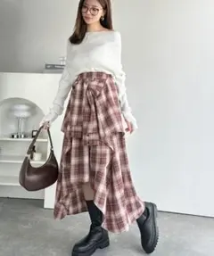 mily bilet レイヤード シャツ巻き風チェック柄スカート（ロング丈）のサムネイル