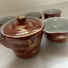 九谷焼き　赤絵 金彩 鳳凰文 茶器セット 急須 湯呑み