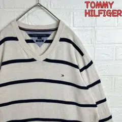 TOMMY HILFIGER 刺繍 Vネック ボーダー コットンニット 古着