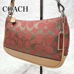 美品　コーチ　アクセサリーポーチ　シグネチャー　キャンバス　レザー　肩掛　レッド