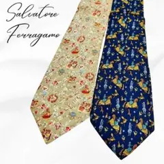【美品】高級シルク　サルヴァトーレフェラガモ シルクネクタイ 2本セット 定番柄
