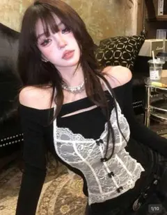 レース付きオフショルダー長袖トップス