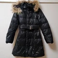 ファー付きフード ベルト付き ブラックダウンコート