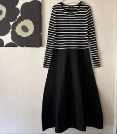 プラステ　PLST ホールガーメントニットフレアワンピース ボーダー