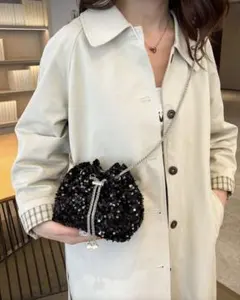 未使用 スパンコール巾着チェーンバッグ ブラック 2WAY 斜めがけ パーティー