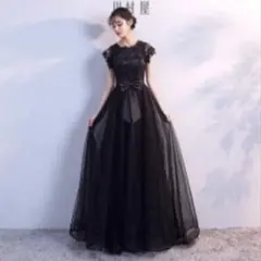 ロングドレス 黒 レース リボン パーティードレス 結婚式 演奏会
