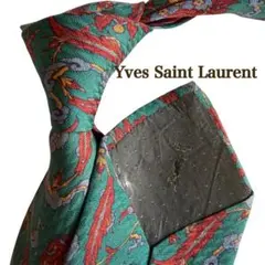 YSL イヴ・サンローラン　緑　赤　水色　総柄　柄物　幾何学模様 ネクタイ
