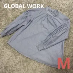 グローバルワーク【M】ハイネックシアーブラウス ボリュームスリーブ　ストライプ柄