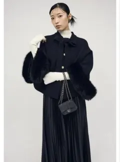 【新品】ファーカフスリボンポンチョコート ブラック◾️Frene フラーネ