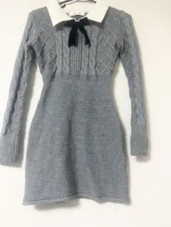 グレー ケーブルニット ミニワンピース