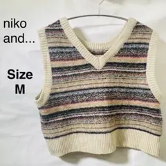 【niko and...】ニットベスト（M）ベージュ/ボーダー/Vネック/羊毛混