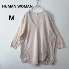 美品 ヒューマンウーマン M ピンク リネン混 シアー Vネックニット 七分袖