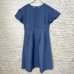 クチュールブローチ☆デニムブルー☆ミモレ丈フレアーワンピース☆L 上品