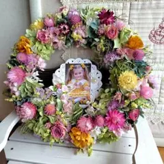 ドライフラワー＆紫陽花とピンクの小花達和みリース