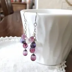 手作り雫ガラスのドロップピアス/イヤリング(銀色)紫陽花 アメジスト ワイン色