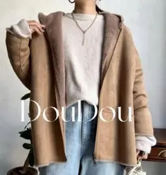 DouDouリバーシブルフェイクムートンコートブルゾンフードパーカーラグラン