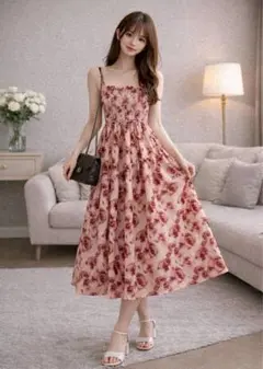 キャミワンピ ピンク 花柄 ミモレ丈 胸元シャーリングティアード韓国 Lサイズ