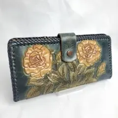 ＊a/フラワー 花 レザー カービング 二つ折り 長財布 ウォレット 小銭入れ