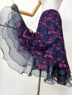 【花柄ラメ】社交ダンス用裾オーガンジー 　ロングフレアスカート紺ピンクｄ026