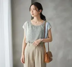 G3342*スピックアンドスパン☆切替☆総柄☆ノースリーブ☆カットソー☆キュプラ