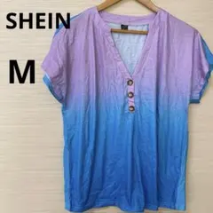 SHEIN（M）グラデーションボタン付き半袖Tシャツ 紫\青 Vネック