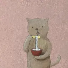 自作絵画　麺を食べる　⭐︎  猫の絵