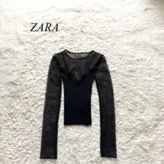 D3【ザラ】シアーリブトップス　切り替え　黒　M 伸縮性　セクシー　カジュアル