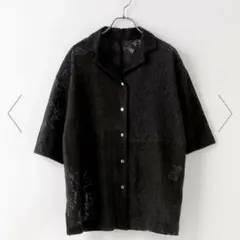 【値下げ】LOWRYSFARM パッチワークレースシャツ ブラック フリーサイズ