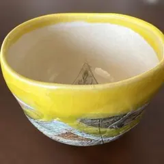抹茶碗　鶴琳窯　線刻　大福碗　イエロー　美品