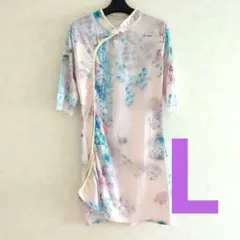 チャイナ　ドレス　ワンピース　ピンク　花　柄　夏　L　サイズ　スリット　セクシー