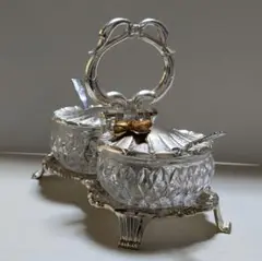 【レトロ】クリスタル製二重容器 金色リボン装飾