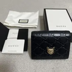 グッチ 財布 リネアキャット GG柄 シマ レザー 猫 黒 ミニ 二つ折り