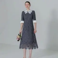 LEJA 花柄レースカラースパンコール刺繍Aラインフレアドレス サイズS