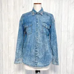 【Fiapper】長袖 デニム風シャツ 羽織り パールビジュー 綿100% M