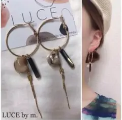 407 シェル 華奢チェーン ブラックガラスビーズ ゴールドフープピアス