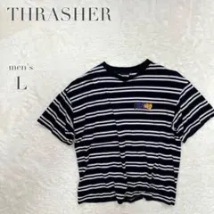 スラッシャー✨ボーダー柄Tシャツ 刺繍 ワンポイント 炎 カジュアル 大きめ L