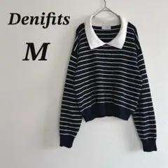 ⁠Denifits ニット M 黒 白 ボーダー 襟付 スキッパー セーター