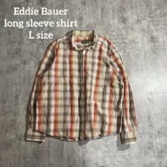 エディーバウアー チェック柄フランネル長袖シャツリネンコットンL