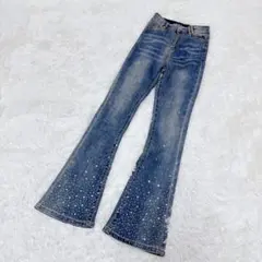 GRL グレイル ラインストーンビジューフレアデニムパンツ ジーンズ Sのサムネイル