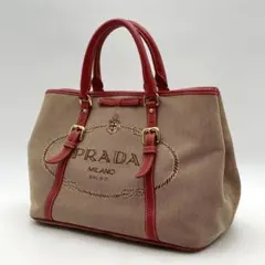 極美品✨ PRADA ハンドバッグ ロゴジャガード 刺繍 リボン キャンバス