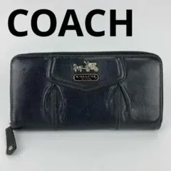 COACH コーチ 長財布 ラウンドファスナー ロゴプレート 無地 レザー 黒