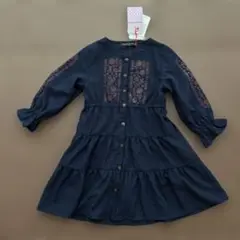 新品タグ付きズッパディズッカ刺繍風プリント薄手長袖ティアードワンピース100紺