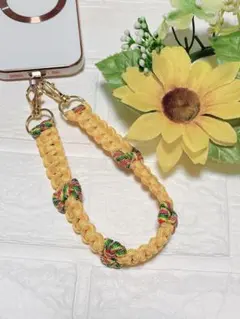 パラコード　ショートストラップ　ハンドストラップ　リボン編み　イエロー系