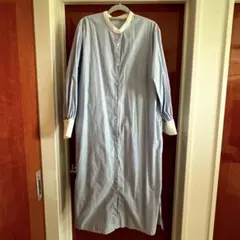 アース　ストライプシャツワンピース　バンドカラー