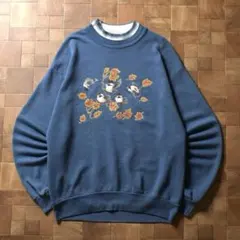90s USA製　小鳥　アニマルスウェット　くすみブルー　ダブルカラー　レトロ