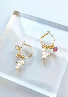 スワロフスキー 淡水パール ピアス イヤリング レッド クリスタル ハンドメイド