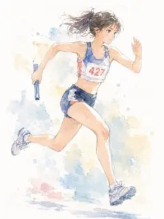 c1333_水彩画風 陸上選手 バトンリレー 躍動感あふれる女性 アートフレーム