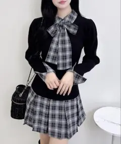 INGNI チェック柄ボウタイシャツドッキングニットワンピースブラック×ブラック